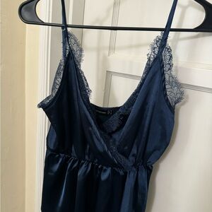 Silky Navy Lace-Trim Peplum Top